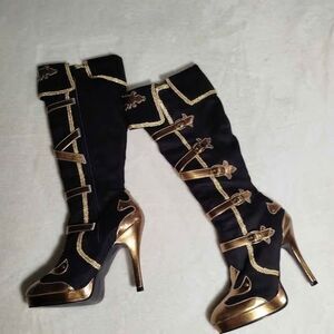 Spirit Black Gold Knee High Stiletto Boots Buckle Steampunk Women 8